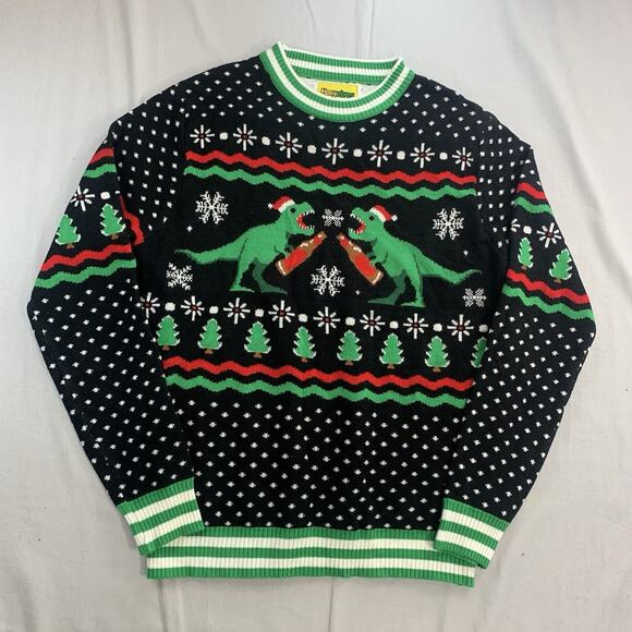Tipsy Elves Ugly Christmas Sweater Size M T-Rex Black White Red Green Longsleeve - Picture 1 of 8